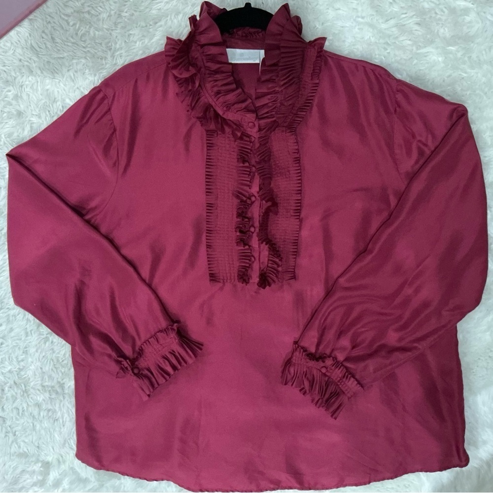 NWOT Soft Surroundings 100% Silk Tuxedo Blouse Pleated Ruffled Neck Merlot 1X